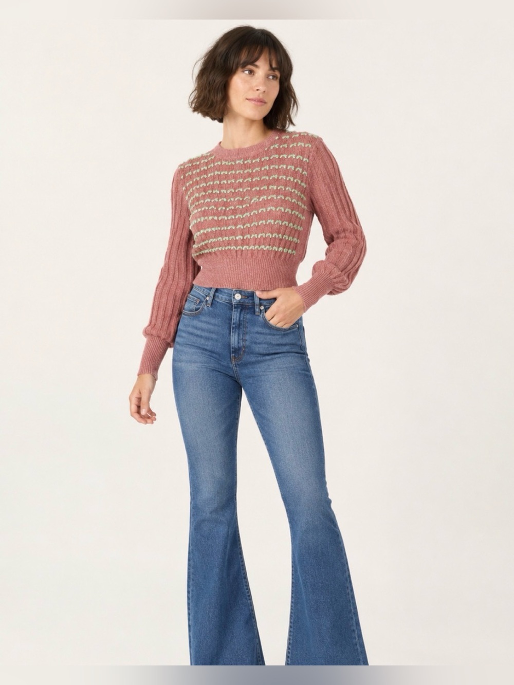 Vintage Elaine Post Italy Reddish Pink Mint Embroidered Knit Sweater S/M